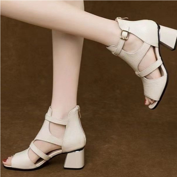 👡【35-40】Nowe miękkie, miękkie skórzane, dno ryby, pysk ryby, wydrążone usta, grube sandały rzymskie na obcasie-3909025