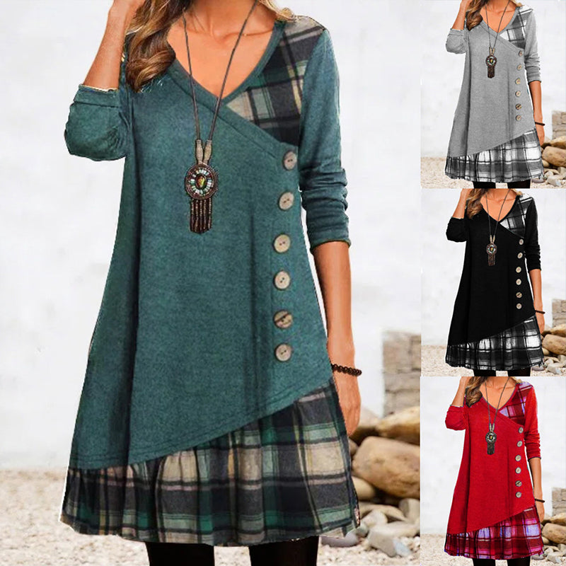 💟【Jesienne nowości】👗【S-3XL】 2024 Nowa elegancka sukienka w kratę z dekoltem w kształcie litery V, z długim rękawem-3800447