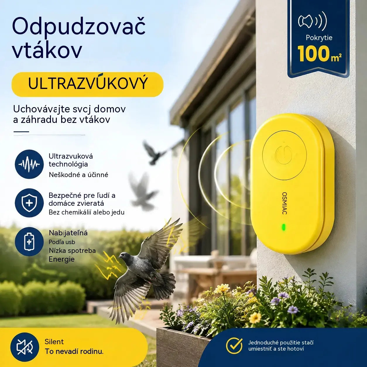 🐦 Přenosný ultrazvukový odpuzovač ptáků | Automatický odpuzovač holubů, ideální na balkony, do zahrad a exteriéru