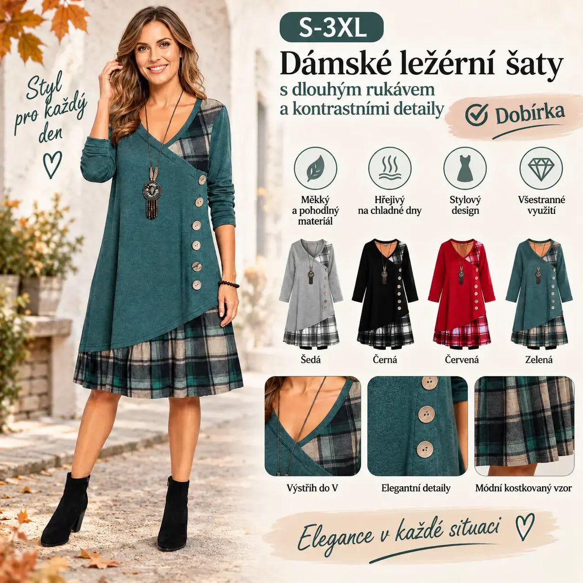 👗Poslední den – sleva 50 %【S-3XL】Dámské ležérní šaty s dlouhým rukávem a kontrastními detaily ✅️Dobírka