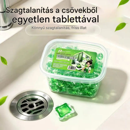 2 doboz (100 kapszula) 8400 Ft. Vízben oldódó kapszulák a lefolyószag megszüntetésére – tökéletes megoldás a szagok terjedésének megakadályozására a fürdőszobában és a konyhában.