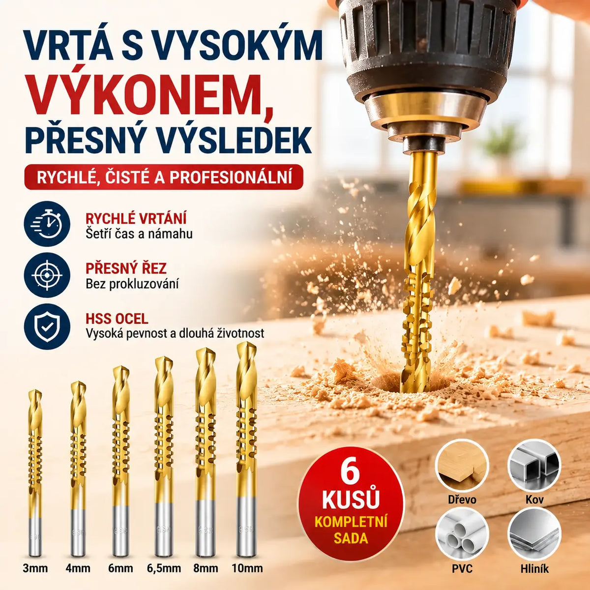 【Sada 6 kusů】⚙️ Sada spirálových vrtáků: vyrobeno z rychlořezné oceli s titanovým povlakem a vhodné pro různé materiály 🧰
