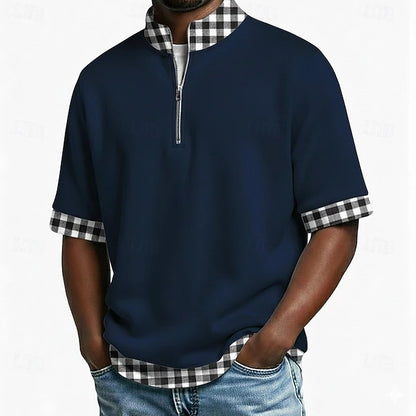 [S-3XL] Polo de manga corta para hombre, de algodón puro — Cuello con media cremallera, diseño de doble capa y costuras a cuadros.