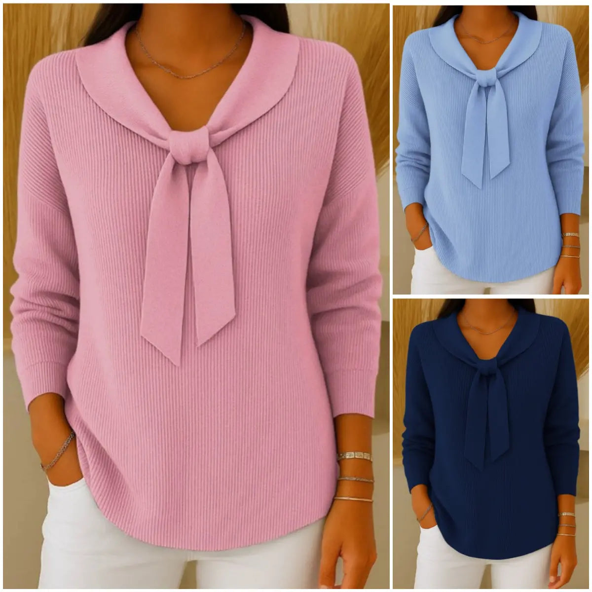 🎀⭐【S-2XL】Ženski enobarvni pulover z dolgimi rokavi in detajlom za zavezovanje