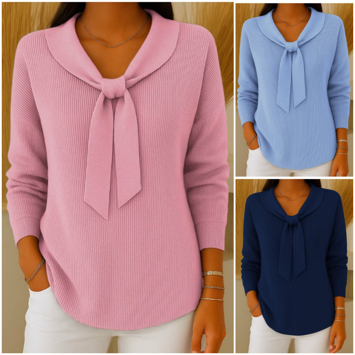【S~5XL】Sweter damski w jednolitym kolorze z wiązaniem i długim rękawem, swobodny i luźny-4185346