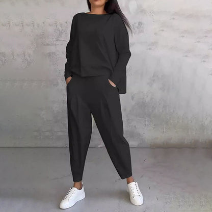 😊【S-5XL】💖Komplet hlač z dolgimi rokavi in okroglim izrezom, dvodelni komplet