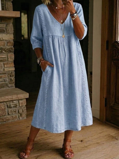 ✨ Poslední den 50% slevy【S–3XL】Nové letní dámské midi šaty z bavlny a lnu s V výstřihem, volný střih a zeštíhlující efekt, prodyšné a pohodlné
