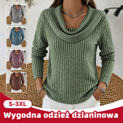 Nowy damski luźny, modny, jednokolorowy, prążkowany, dzianinowy top z długim rękawem-4197305
