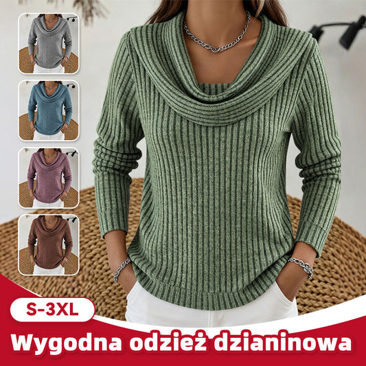 Nowy damski luźny, modny, jednokolorowy, prążkowany, dzianinowy top z długim rękawem-4197305