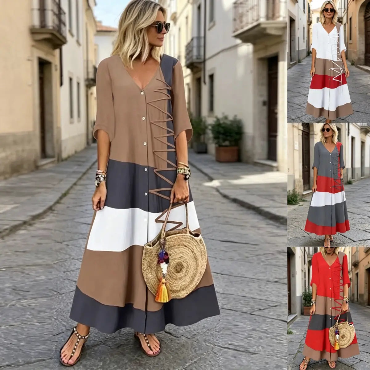 ⏳ Poslední den 50% sleva 【S–5XL】 Nové módní dámské šaty s kontrastními barvami, výstřihem do V a přiléhavým střihem, pohodlné a snadno kombinovatelné.