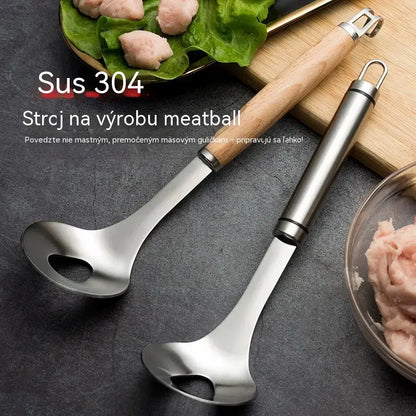 🍖【2dílná sada (dřevěná rukojeť + nerezová rukojeť)】 Formička na masové kuličky z nerezové oceli 304 – ideální pro přípravu masových a rybích kuliček, skvělá pro domácí vaření. 🥄 Platba na dobírku