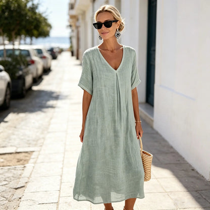 ✨Poslední den 50% sleva【S-3XL】Letní lněné šaty s výstřihem do V, ležérní a stylové.