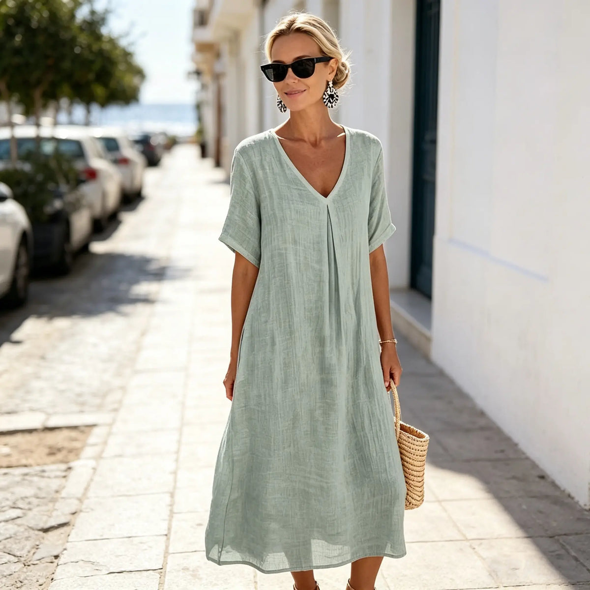 ✨Poslední den 50% sleva【S-3XL】Letní lněné šaty s výstřihem do V, ležérní a stylové.
