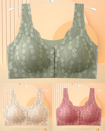 😍【3sztuk】【40-100KG】Damski, bezprzewodowy, koronkowy biustonosz zapinany z przodu-4224375