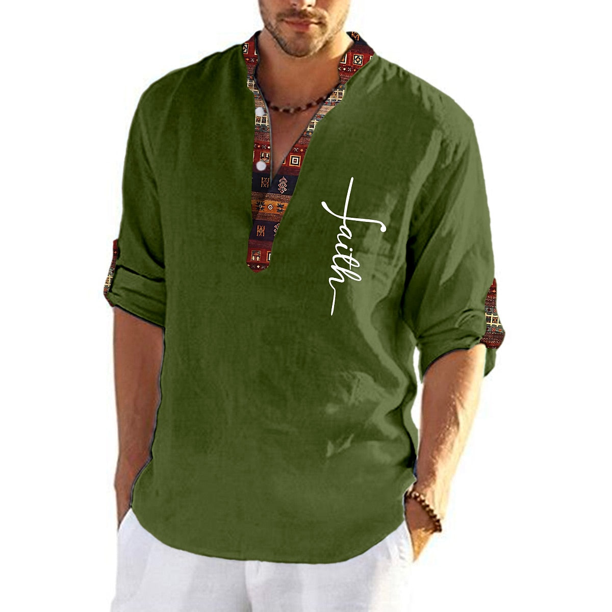 🔥Promocja ograniczona czasowo🔥Męska lniana, bawełniana koszula z nadrukiem i dekoltem w kształcie litery V-3906378