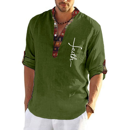 🔥Promocja ograniczona czasowo🔥Męska lniana, bawełniana koszula z nadrukiem i dekoltem w kształcie litery V-3906378