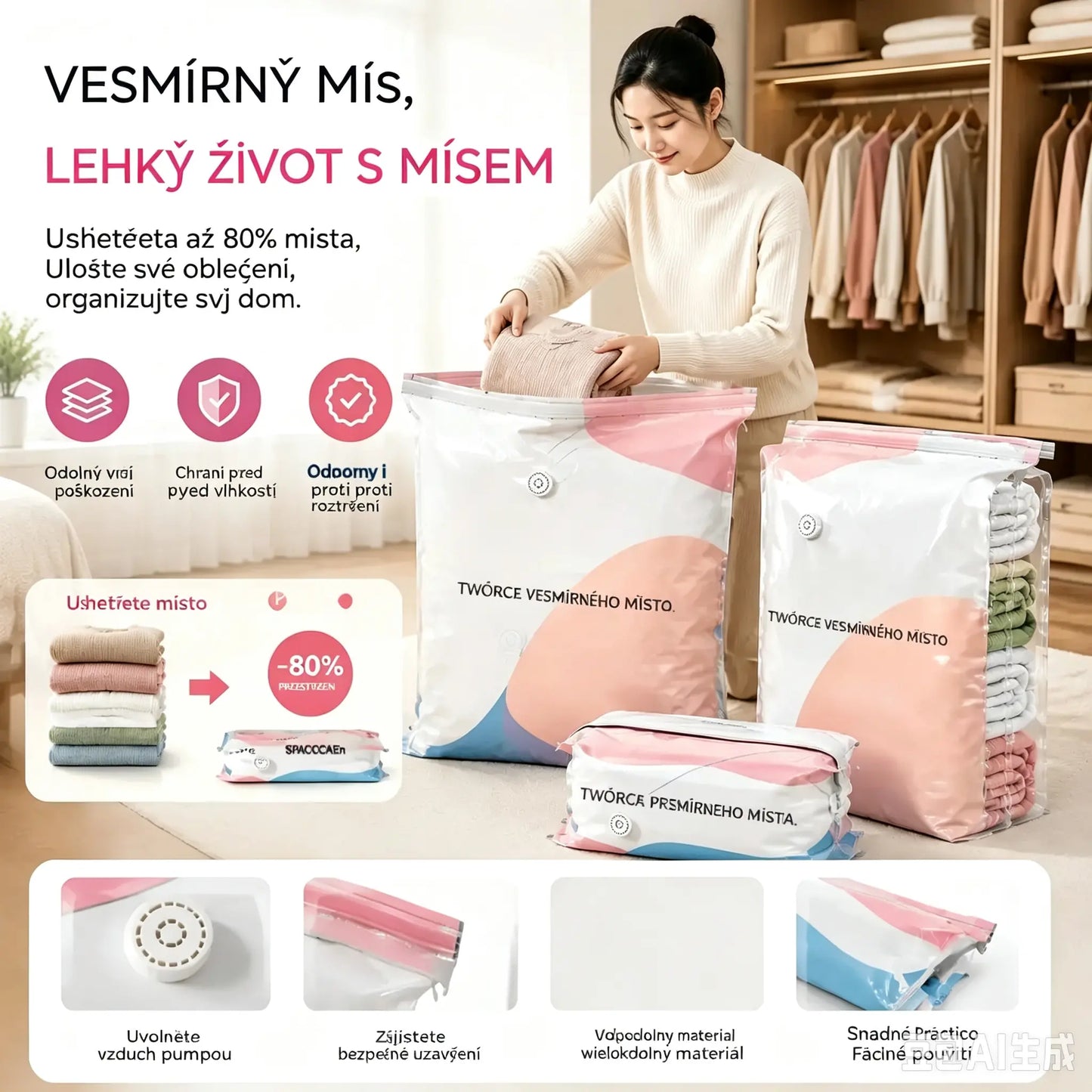 🧳【Sada 5 kusů】💨 Velké kompresní vakuové úložné tašky – bez nutnosti pumpy, nepropustné, ideální pro úsporu místa v kufru i doma ✈️