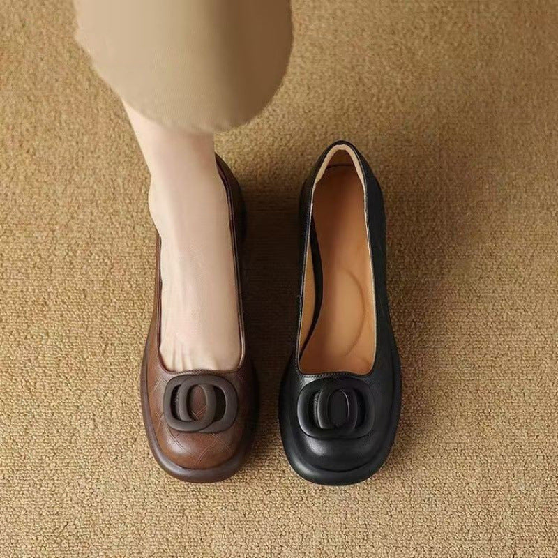 👠【35-40】2025 nowe 5CM uniwersalne modne miękkie podeszwy retro grube obcasy okrągłe palce skórzane buty-3909030