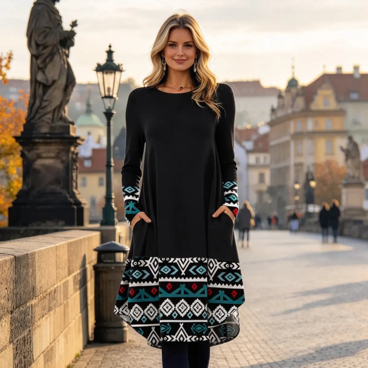 👗Poslední den – sleva 50 %【S–5XL】Dámské podzimní a zimní šaty s retro potiskem ve větších velikostech, lichotivý střih