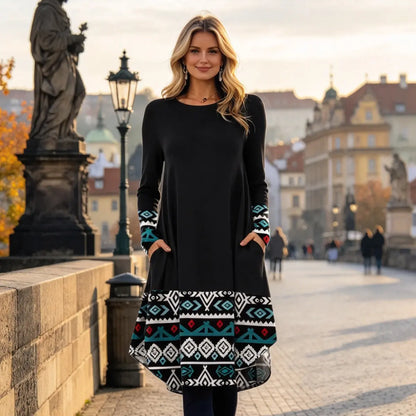 👗Poslední den – sleva 50 %【S–5XL】Dámské podzimní a zimní šaty s retro potiskem ve větších velikostech, lichotivý střih