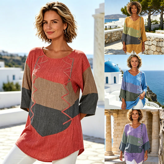⏳ Τελευταία μέρα - 50% έκπτωση 😍【S~5XL】Γυναικείο κομψό casual τοπ με V ντεκολτέ και μακριά μανίκια, καλλιτεχνικό σχέδιο και τύπωμα