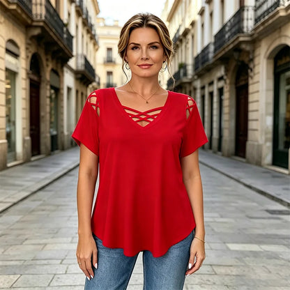 👚 100% pamut V-nyakú póló – kereszt textúra + áttört részletek | Légáteresztő, kényelmes, modern