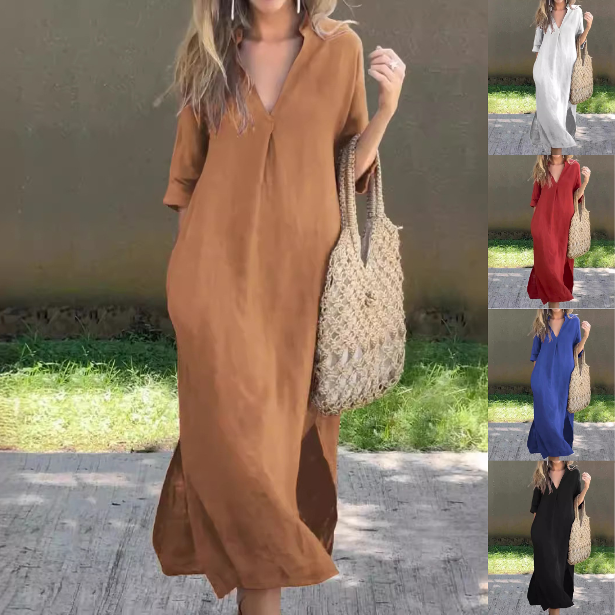 💃💋【50% zniżki 🔥】【S–3XL】Długa lniana spódnica z dekoltem w serek i rozcięciem, wygodna i lekka, idealna na lato-4262267