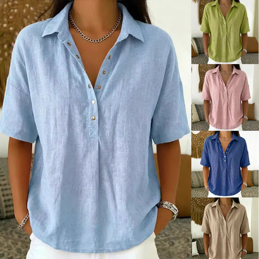 ⏳ Último día, -50%【S–3XL】Camisa mujer de algodón y lino manga corta, corte entallado, transpirable y cómoda, fácil de combinar