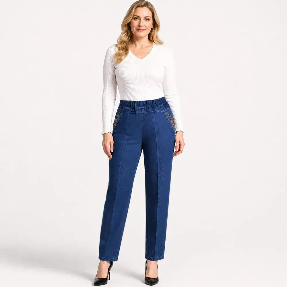 ❤️👖 Zadnji dan – 50 % popust 【L–5XL】 Nove ženske raztegljive kavbojke ravnega kroja s toplo podlogo za jesen in zimo – tople in udobne ✨