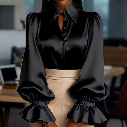 Elegancka i stylowa, jednokolorowa, satynowa koszula z długim rękawem i kołnierzykiem dla kobiet-4193195