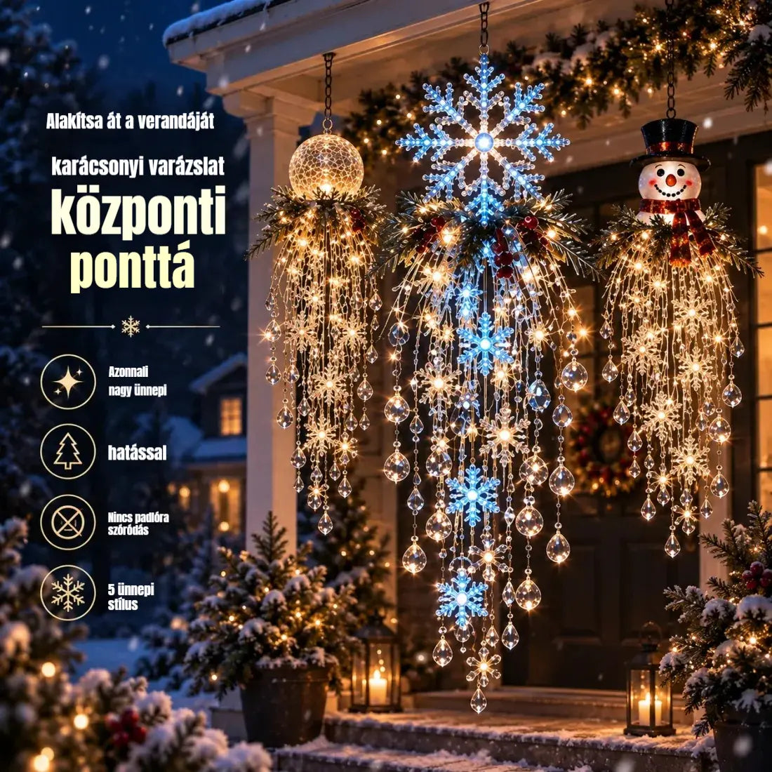 🔥 MA 50% KEDVEZMÉNY 🎅 Karácsonyi függő hópehely és kristály LED fény | Varázslatos ragyogás a verandára ✨