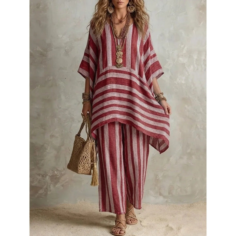 ♥️[S-5XL]✨Stylový a elegantní volný pruhovaný ležérní dvoudílný set s výstřihem do V