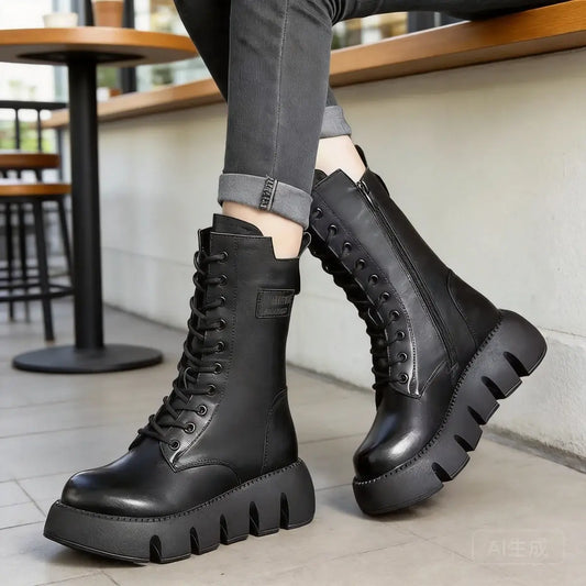 Limitovaná nabídka 42% sleva 🔥👢【35-40】Vysoce kvalitní ručně vyráběné dámské měkké kožené kozačky s tlustou podrážkou, podzim–zima nová kolekce