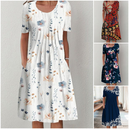 💗Modna sukienka średniej długości z kwiatowym nadrukiem, delikatnym kwiatowym wzorem, ✅obfity i elegancki temperament, ✅nadaje się na co dzień i na imprezy-3946892