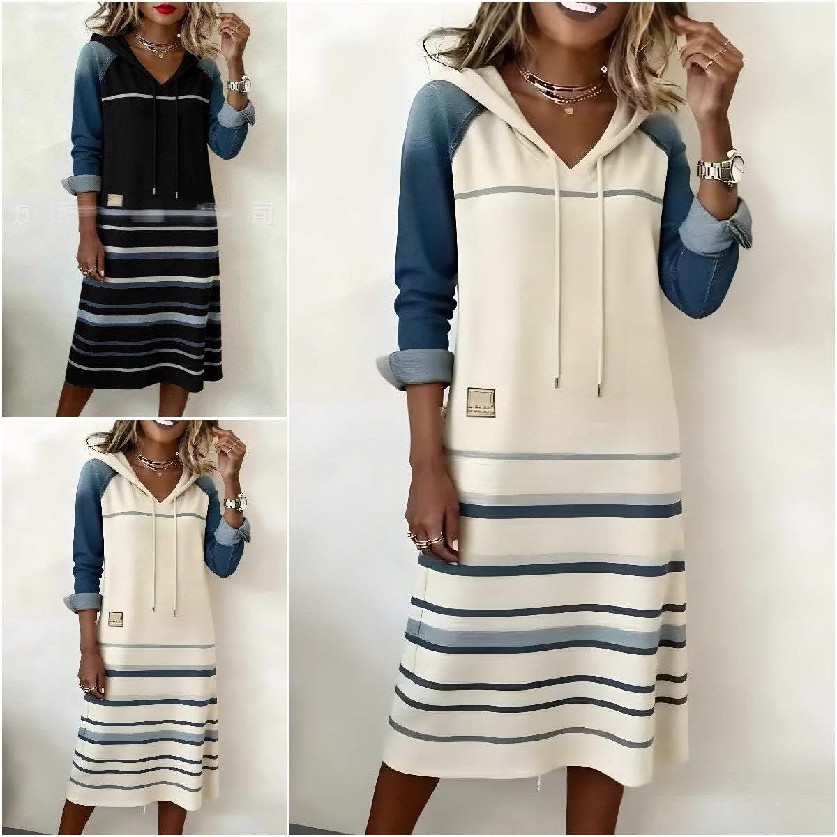 🔥【S-3XL】Nowa, najlepiej sprzedająca się bluza z kapturem z denimu w bloki kolorów 4165919