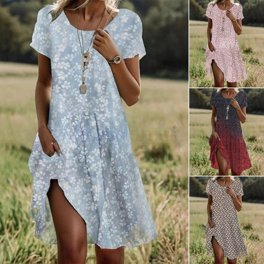 🛒📣【Promocja】💖【S-3XL】👗Nowa sukienka swobodna z okrągłym dekoltem i nadrukiem na wiosnę i lato