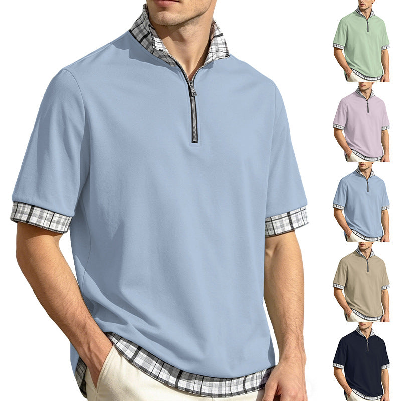 [S-3XL] Polo de manga corta para hombre, de algodón puro — Cuello con media cremallera, diseño de doble capa y costuras a cuadros.