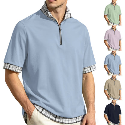 [S-3XL] Polo de manga corta para hombre, de algodón puro — Cuello con media cremallera, diseño de doble capa y costuras a cuadros.