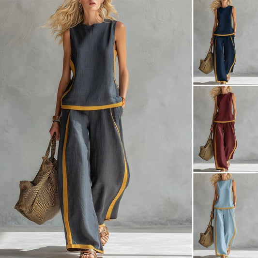 🔥 Nowość letnia! 😍 2026 Nowy modny damski zestaw dwuczęściowy, bluzka bez rękawów z kontrastowymi akcentami kolorystycznymi + szerokie spodnie palazzo, letni casualowy uniwersalny komplet-4251263