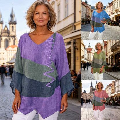 ⏳ Poslední den – sleva 50 % 😍【S~5XL】Dámský elegantní ležérní top s výstřihem do V a dlouhým rukávem, uměleckým vzorem a potiskem