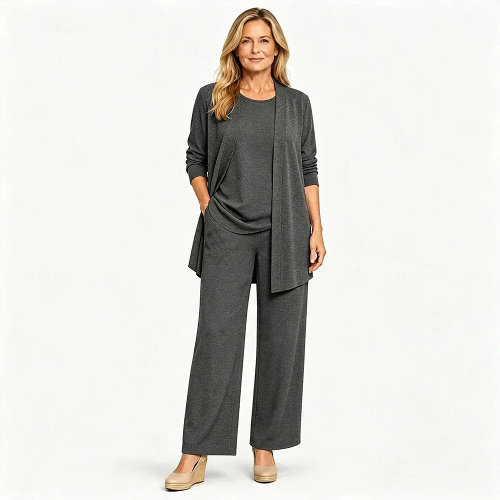 ✨Poslední den 50% sleva 【S–5XL】 Dámská třídílná souprava, přiléhavý kardigan, volný top a dlouhé kalhoty, pohodlný materiál, snadné kombinování