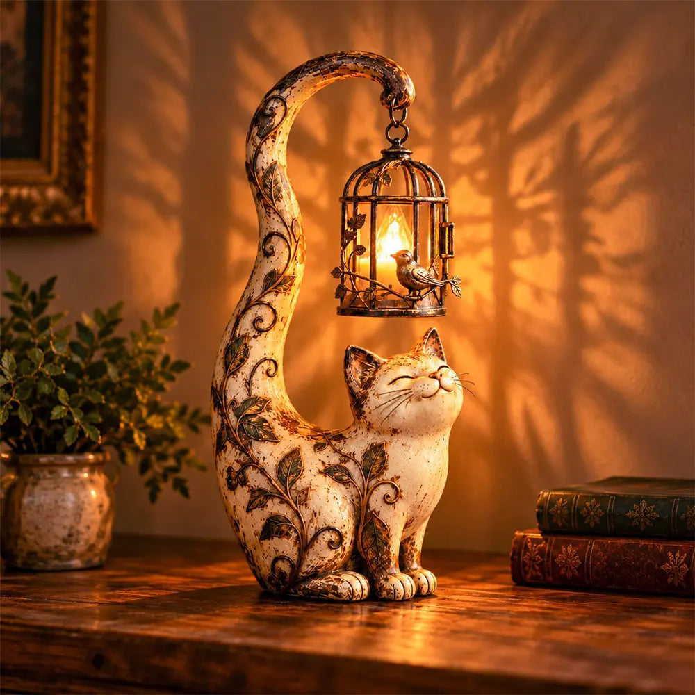 🐱💡Noční světlo ve stylu vintage – kočka s ptačí klecí – kreativní zahradní dekorace✅platba na dobírku