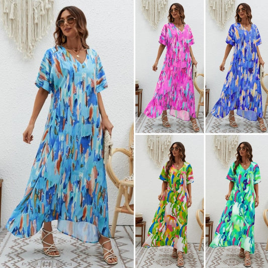 👗【50-90kg】2024 nowa damska letnia modna sukienka z dekoltem w szpic 3635079