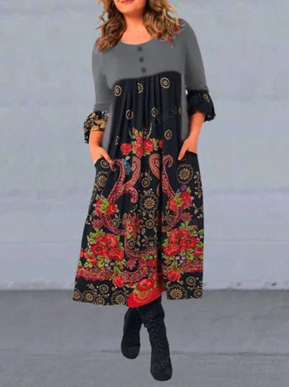 【S-5XL】👗2025 nowa, jesienna i zimowa sukienka na co dzień z długimi rękawami i nadrukiem w stylu retro-3896590