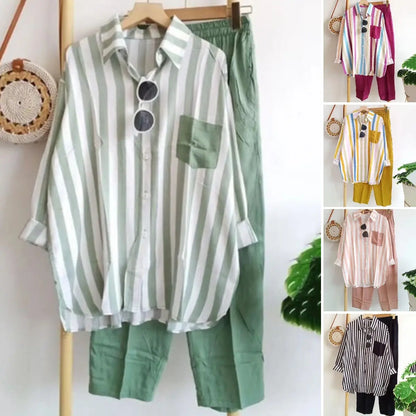 ⏳✨【S-5XL】Nová módní ležérní souprava (pruhovaná košile s potiskem + kalhoty)