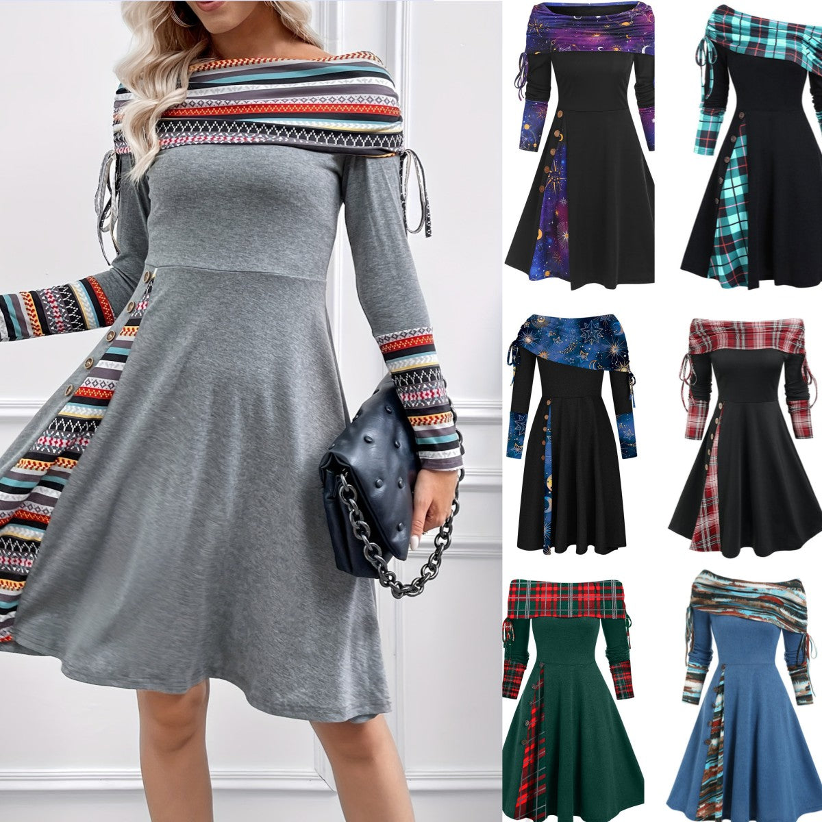 Nowa modna sukienka z długim rękawem i jednym ramieniem (S-3XL) 4176905