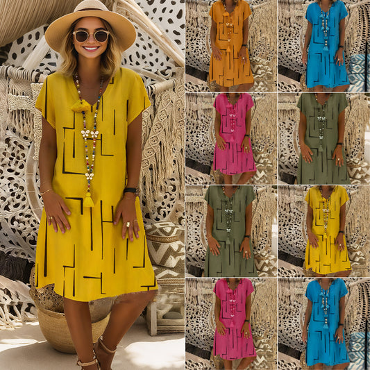 🏆【50% OFF】👗【S-5XL】Potištěné bavlněné šaty s výstřihem do V