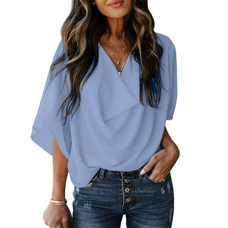 ⚡ Időkorlátos 20% kedvezmény ❗ Európai/amerikai stílusú V-nyakú sifon blúz 🌸 Bő szabás, takarja a hibákat, mindenki számára előnyös