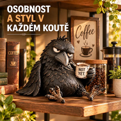 😝✅Pryskyřicová figurka „Nevrlá vrána s kávou“ – dekorace ve vintage stylu