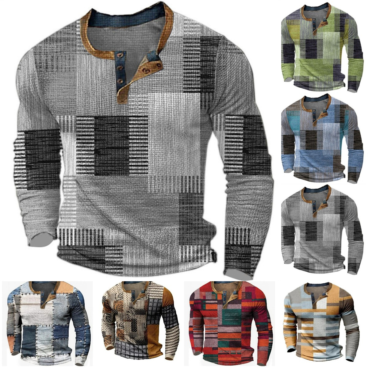 🌴🌈【S-4XL】👔😍 Nová kolekce pánských košil s potiskem, dlouhé rukávy, uvolněný styl Henry, dostupné ve více barvách 4234414